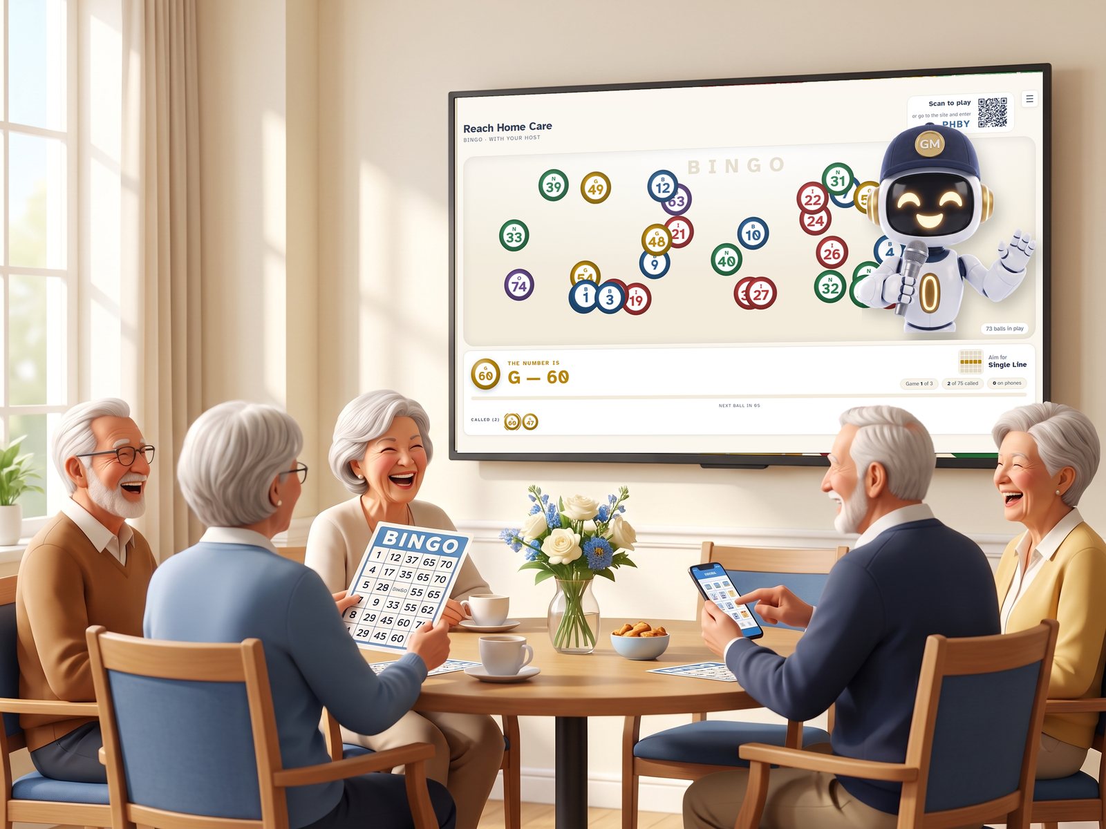 Residents at a table laughing at a wall TV where the robot host is calling bingo